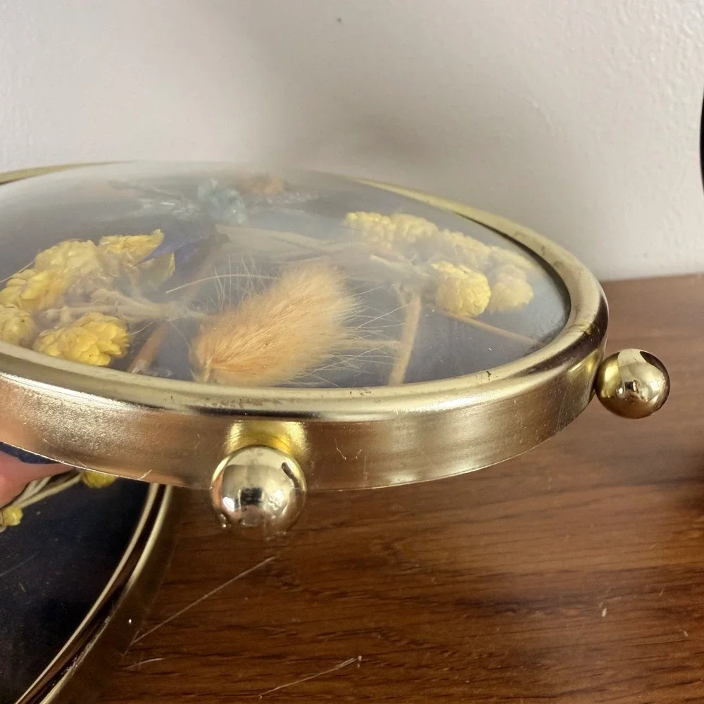 Vintage Oval Brass Shadow Box Set of 3 Dried Flowers Butterflies Cottagecore
